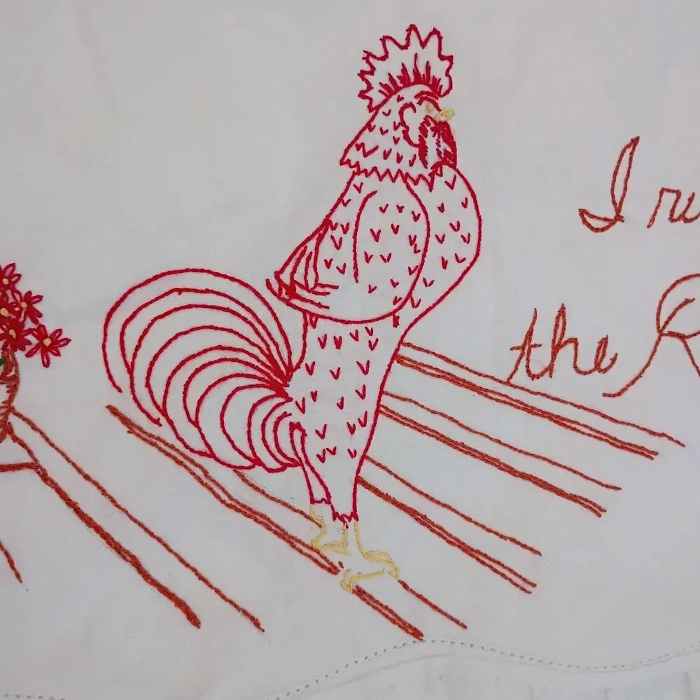 VTG Hand Embroidered Rooster Pillowcase White Eyelet Trim 20x30 Queen Cottage